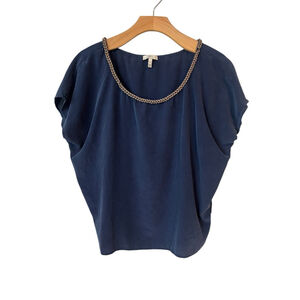 Joie Blouse Womens XS Navy Blue Silk Leather Trim Top
